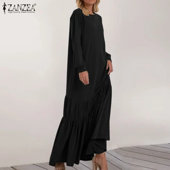 2021 Макси дълга рокля за жените ZANZEA дами пристрастие Vestidos ежедневни Puff ръкав Robe Femme есен твърди сарафан големи 5XL