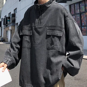 Корейски стил пуловер деним яке мъжка мода ретро ежедневни дънкови якета, мъжки градинска облекло Див свободен хип-хоп бомбер яке мъжете