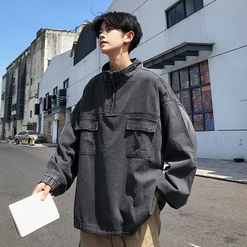 Корейски стил пуловер деним яке мъжка мода ретро ежедневни дънкови якета, мъжки градинска облекло Див свободен хип-хоп бомбер яке мъжете