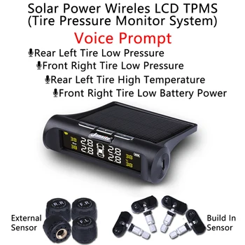 Гласови реклами LCD-сигнализация за налягането в гумите система за мониторинг на температурата на гумите предупреждение Digiral Smart Car TMPS USB и слънчевата енергия