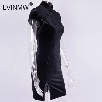 LVINMW мода китайски стил кадифена Рокля Dress 2019 лято жените с къс ръкав Сплит мини рокли елегантни дамски партия Qipao