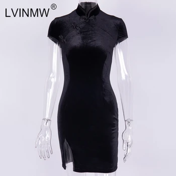 LVINMW мода китайски стил кадифена Рокля Dress 2019 лято жените с къс ръкав Сплит мини рокли елегантни дамски партия Qipao
