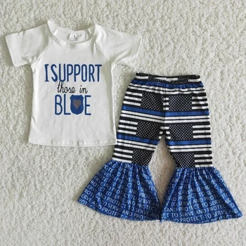 Търговия на едро с детски бутик Baby Момичета Дрехи Set Blue Tie Боядисват риза с къс ръкав свирки панталони модерен О-образно деколте младенческий облекло