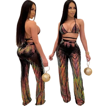 Секси Club Пайета Two Piece Set Women 2 Piece Outfits Crop Top and Long Pants Set Festival Clothing Luxury Party Matching Sets