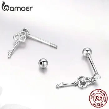 BAMOER изискан 925 сребро сърцето ключ малки обеци за жени сватба годежен сребърни бижута подарък SCE539