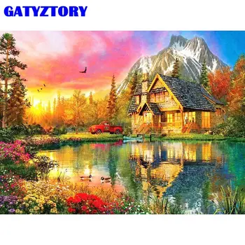 GATYZTORY Сам ограден от Река къща на сняг планински пейзаж живопис по брой комплекти за начинаещи Home Artcraft уникален подарък