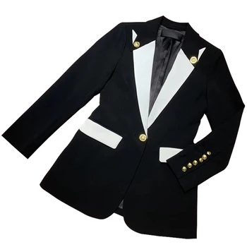 HarleyFashion Quality Women Casual Blazer Single Button European Lady Black White Coat Jacket