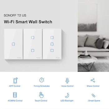 SONOFF T2US TX Smart Wifi Touch Wall Light Switch Border 1/2/3 Gang 433 RF/Voice/APP Control работи с Алекса Smart Home