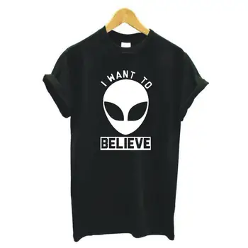 Аз Искам Да Вярвам Alien Printed Women Tshirt Нло Space Science Harajuku Shirt Tee Shirt Femme Harajuku Смешни T Shirt Women Tops