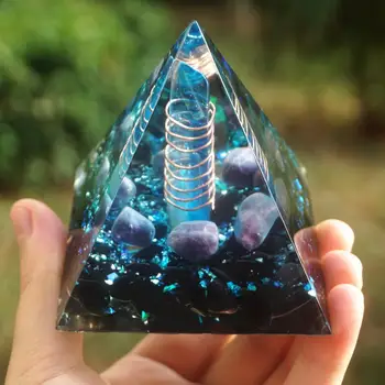 70 мм Оргонитовая пирамида син Кварц в меден енергийния кръг,флуорит,Обсидиан Кристал изцеление Orgon рейки медитация