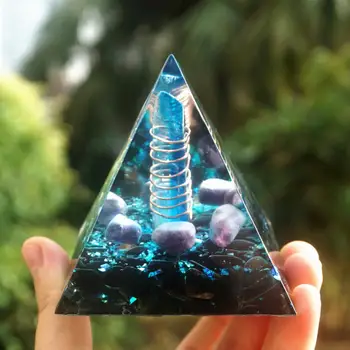70 мм Оргонитовая пирамида син Кварц в меден енергийния кръг,флуорит,Обсидиан Кристал изцеление Orgon рейки медитация