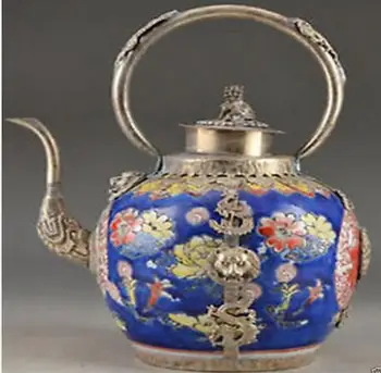 Ретро чайник, ръчна изработка на китайския източен Тибет Сребърен дракон синьо-бял порцелан чайник антикварен метал в насипно състояние