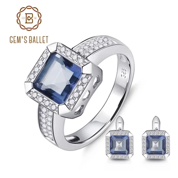 GEM s BALLET 5.97 ct натурален Иолит син мистична кварцов скъпоценен камък бижута комплект 925 сребро обеци, пръстен и комплект за жени