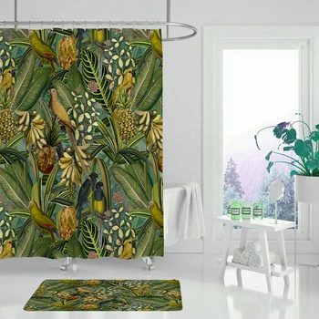 Душ завеса набор от тропически зелени растения палмови листа, цветя монстера баня душ завеса плат водоустойчива душ завеса
