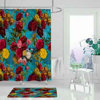 Душ завеса набор от тропически зелени растения палмови листа, цветя монстера баня душ завеса плат водоустойчива душ завеса
