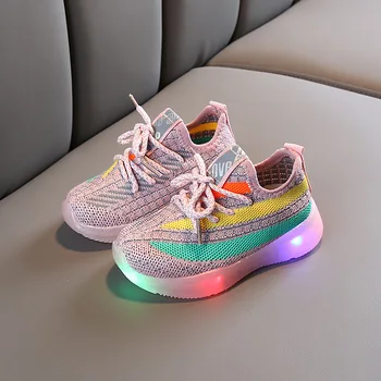 KushyShoo 2021 Пролет led, спортни обувки децата летят тъкани маратонки, Детски обувки за момичета светват обувки момчета маратонки