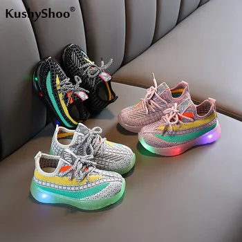KushyShoo 2021 Пролет led, спортни обувки децата летят тъкани маратонки, Детски обувки за момичета светват обувки момчета маратонки