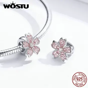 WOSTU мода истинско сребро розово Сакура Лъки цвете висулки, мъниста Fit оригинални дамски гривна направи си САМ бижута CQC1291