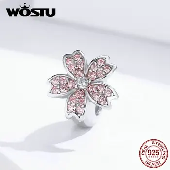 WOSTU мода истинско сребро розово Сакура Лъки цвете висулки, мъниста Fit оригинални дамски гривна направи си САМ бижута CQC1291