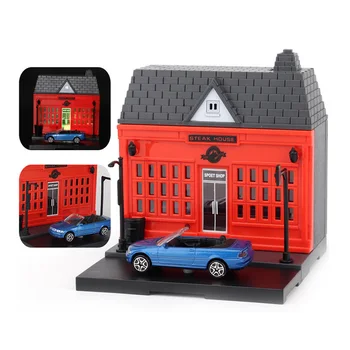 Смешни САМ Mini City Street View Kit 1pcs House Model with Светлини + 1pcs Alloy Die-Cast Vehicle for Children Kids Christmas Gifts