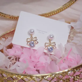 14 K днешно позлатени мода бижута на Crystal Pearl кухи лък изискани обеци за жени празник на партията елегантни обеци