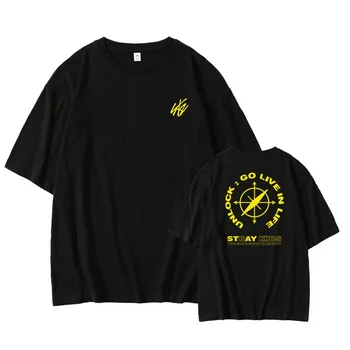 Летен стил kpop straykids онлайн концерт на същото печат на тениска унисекс бездомни деца o врата падна на рамото ръкав тениски