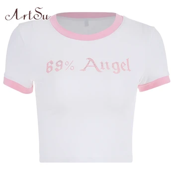 ArtSu мозайка писмо на печатни къс ръкав Kawaii тениска Femme сладко розово топ тениска жените сексуални смешни тениски ASTS20766