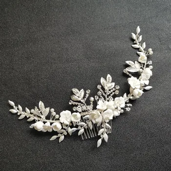 SLBRIDAL ръчно изработени сребърен цвят кристали Crystal сватбен гребен за коса перли крем цвете сватбени аксесоари за коса дамски бижута