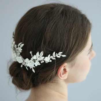SLBRIDAL ръчно изработени сребърен цвят кристали Crystal сватбен гребен за коса перли крем цвете сватбени аксесоари за коса дамски бижута