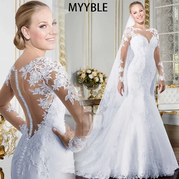 MYYBLE Чисто О-образно деколте с дълъг ръкав Русалка булчинската рокля 2021See Through Illusion Back бели сватбени рокли с апликации кружевными