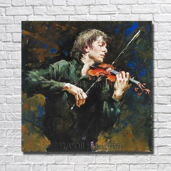 Висококачествена ръчно рисувани платно арт човек свири на цигулка картини с маслени бои модерна декорация на стенно изкуство интериор на хола, без рамка
