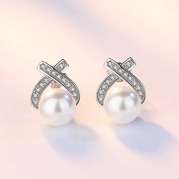 сребро 925 мода перли Crystal женски Stud обеци, модни бижута дамски подарък за рождения ден на капка