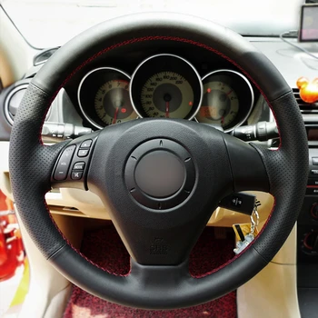 Покриване на волана Mazda 3 Mazda Mazda 5 6 2009-2003 Черна ръчно зашити изкуствена кожа нескользящая износостойкая