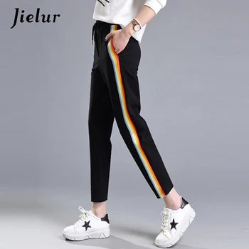 Jielur 2020 есенна мода ежедневни цветни преливащи панталони в страничната лента женски M-XXL свободни разтеглив талията шик джобове, Дамски панталони