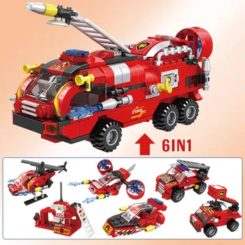 Град пожарна станция камиони пожарна кола строителни блокове 6в1 пожарната команда хеликоптер, лодка цифри тухли играчки на децата