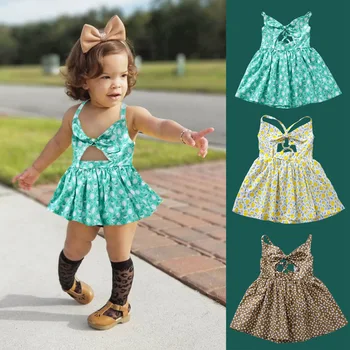 Момиче\u2019s Knee High Halter Dresses без ръкави и облегалката Hollowed V-образно деколте Dress свежи летни дрехи за дете, 1-5 години