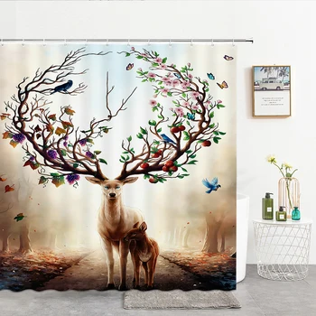 Лос елен завеси за душ цвете птици 3d завеси за баня водонепроницаемое украса с куки домашна моющаяся плат екран баня
