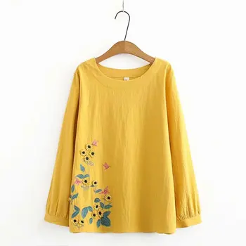 Плюс размер с дълъг ръкав бродерия памук, тъмно син тюркоаз златен жените свободна блуза 2021 нова пролет пуловери ризи, дамски блузи