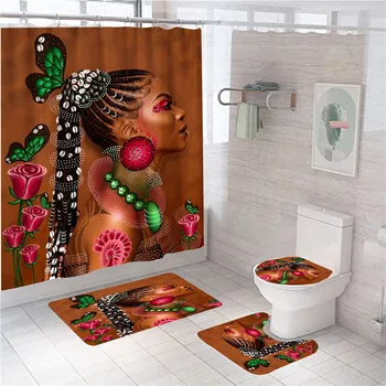 Секси африкански жени печат завеси за душ водоустойчив набор от баня, душ завеси и килими мини постелки за баня, меки килими домашен интериор