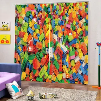 Потребителски модни цветни блокчета Lego завеси печат детска образователна играчка, плътни завеси (лява и дясна страна)