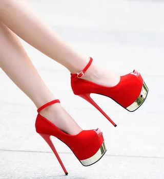 2019 Дамски обувки на супер висок ток с тънка платформа рибено устата вечерни обувки лодка женски червени долни сватбени обувки обтегач 16 см модела обувки