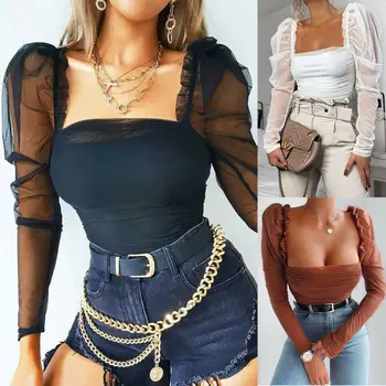 Дамски секси телена мрежа с дълъг ръкав блузи мода есен прозрачни дамски ежедневни твърди лоскутные бутер ръкави рюшами блузи и топове