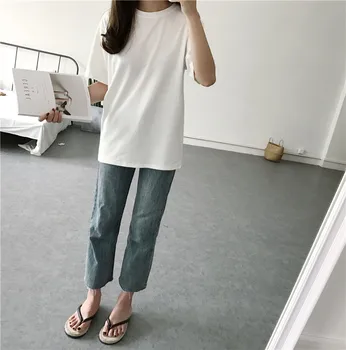 6 цвята 2019 лято срещу врата плътен цвят основен корейски ретро стил с къс ръкав тениски, дамски потници тениска femme (R960)