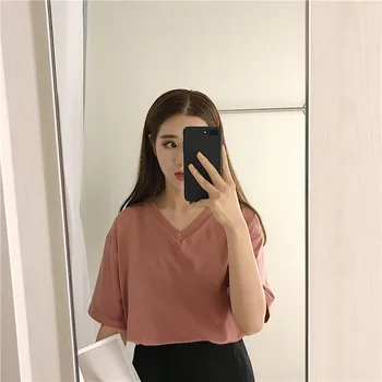 6 цвята 2019 лято срещу врата плътен цвят основен корейски ретро стил с къс ръкав тениски, дамски потници тениска femme (R960)
