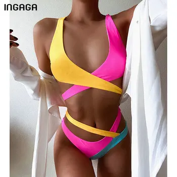 INGAGA 2021 бикини на бански костюми за жени лоскутные бански костюми кръст превръзка Biquini бански костюми изрязани бански висока крак бикини комплект