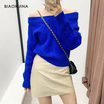 BIAORUINA дамски плътен цвят елегантен ликвидация вязаный пуловер с дълъг ръкав Черта на шията рамо папийонка мода улица пуловер