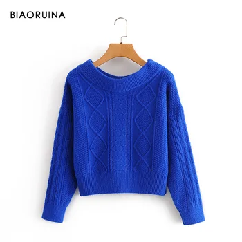 BIAORUINA дамски плътен цвят елегантен ликвидация вязаный пуловер с дълъг ръкав Черта на шията рамо папийонка мода улица пуловер