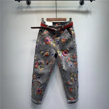 Цветето на мама дънки жена 2020 есен нова висока талия свободно cut дънкови панталони печатни зреещи Дамски дънки приятеля си Жан Femme