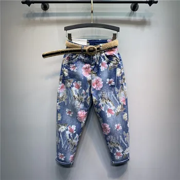 Цветето на мама дънки жена 2020 есен нова висока талия свободно cut дънкови панталони печатни зреещи Дамски дънки приятеля си Жан Femme