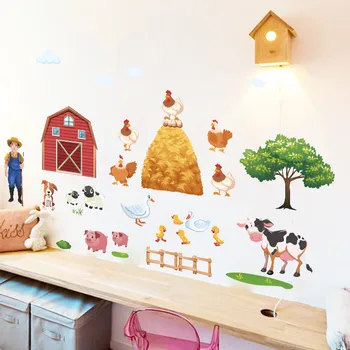 Карикатура САМ селскостопански животни стикери за стена за хол спалня патица прасе, пиле крави дърво стикери за стени, стенопис, плакат